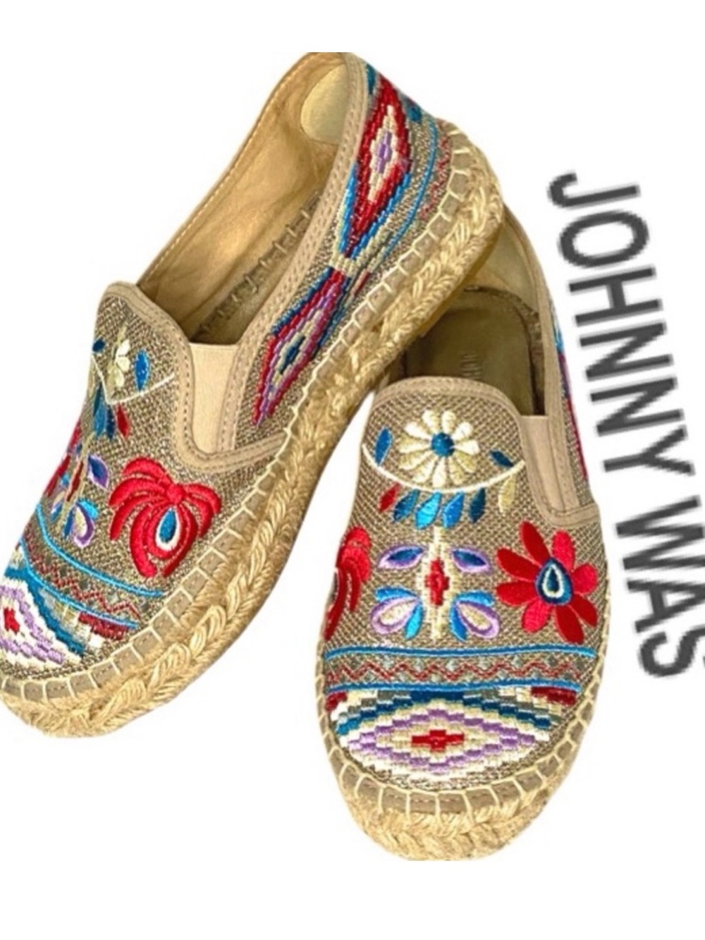 Johnny Was Beige Embroidered Espadrille Slip-On Shoes